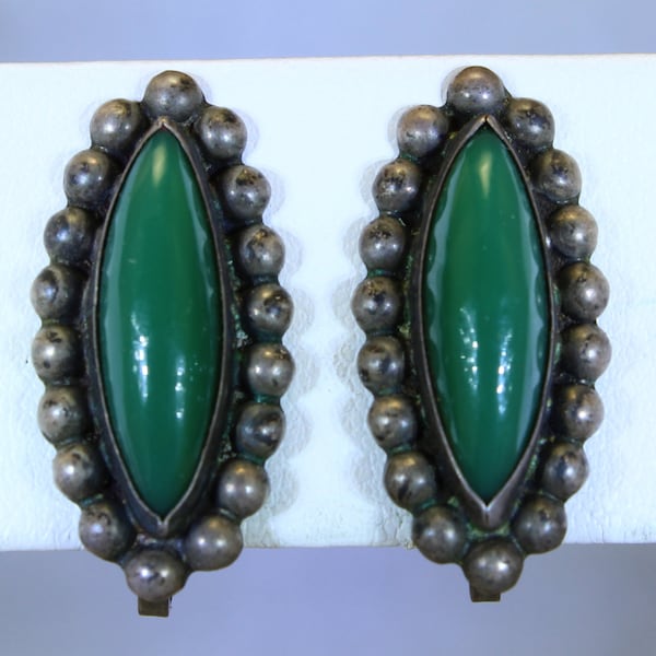 Mexico Sterling Silver Jade Earrings Pre Eagle Taxco Earrings