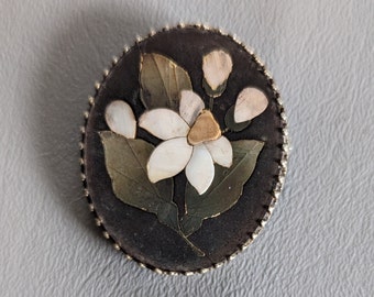 Broche antiguo de plata de ley Pietra Dura - Joya de luto - Pin de mosaico con motivos florales