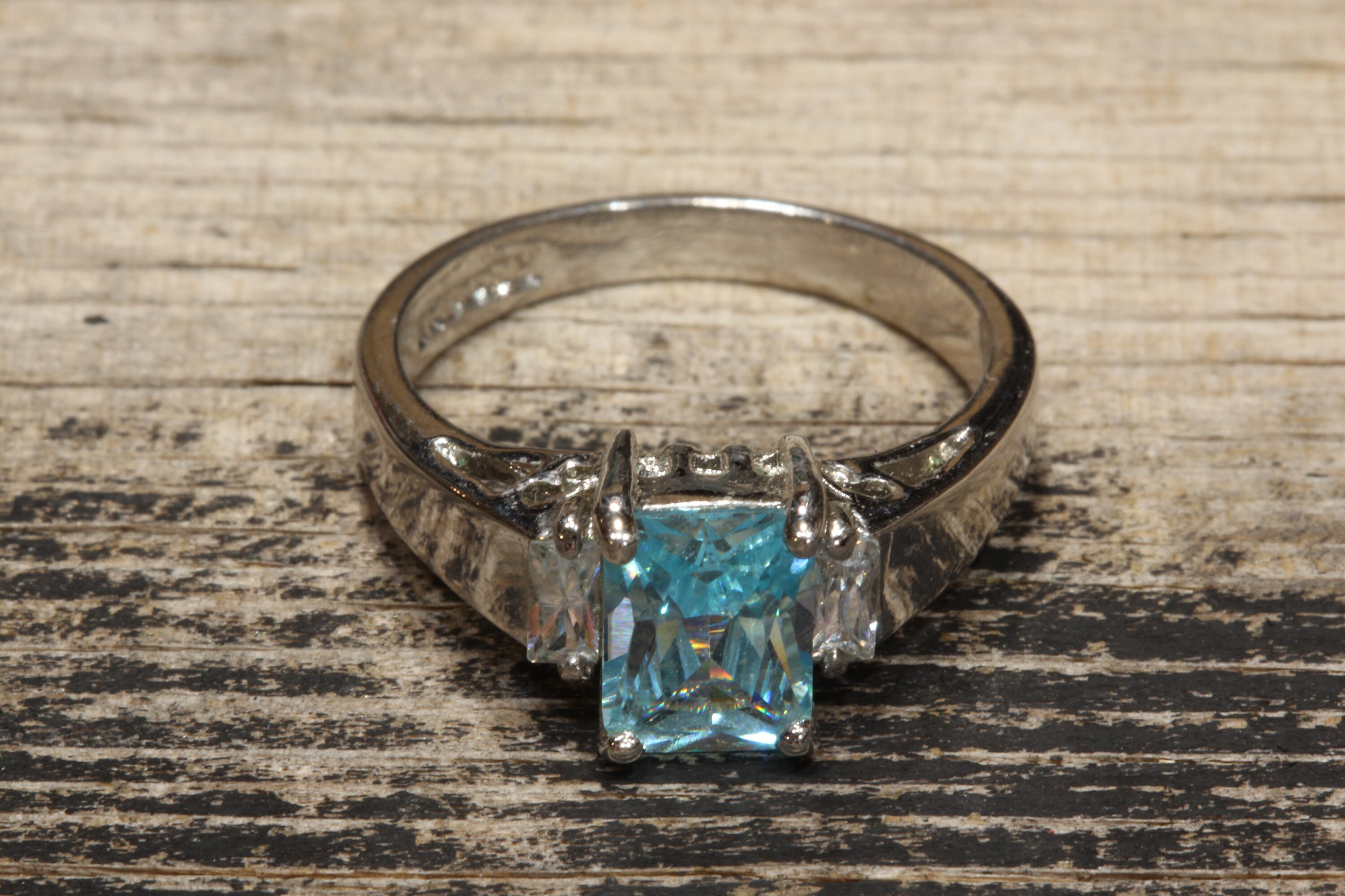 Womens Art Deco Size 7 Blue Topaz and Sterling Silver Ring Vintage QVC