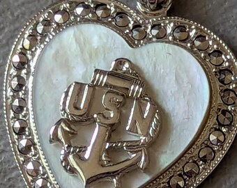 Vintage Sterling Silver Heart Pendant – Marcasite, Mother of Pearl