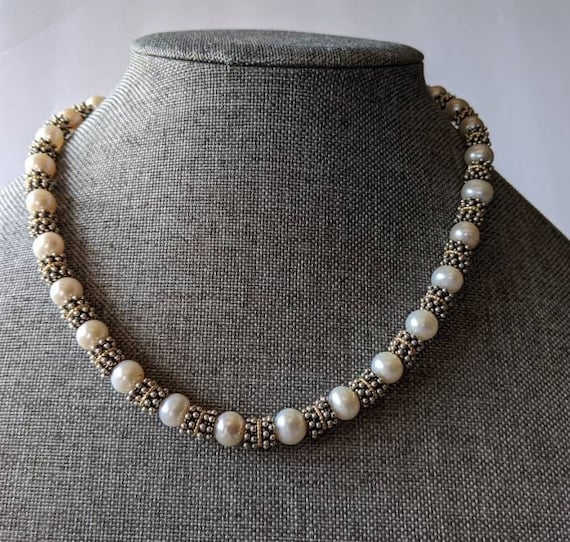 Signed P Pearl Sterling Silver Beaded Necklace-Fi… - image 1
