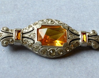 Vintage 1930s ART DECO Amber Clear Fancy Cut Glass Brooch Pin