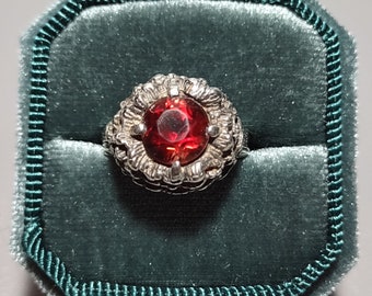 Brutalist Garnet Sterling Silver Ring-Vintage 1970s Fine Ring-925 Ring-Size 7 Ring