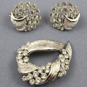 Vintage Crown Trifari Set- Rhinestone Brooch Earrings Demi Parure Signed Trafari image 1