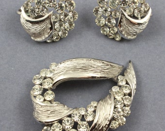 Vintage Crown Trifari Set- Rhinestone Brooch Earrings Demi Parure Signed Trafari