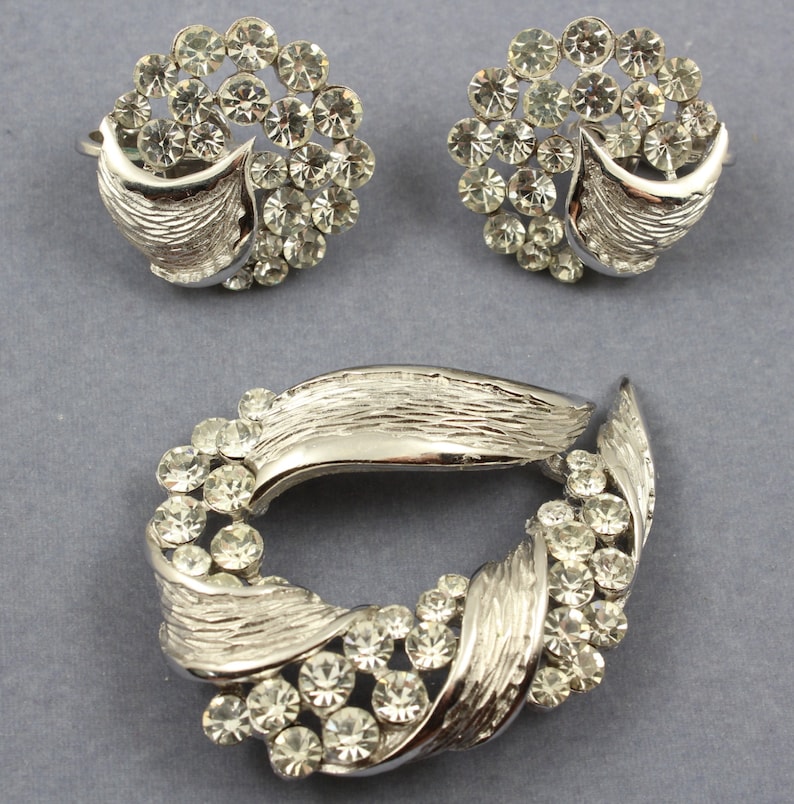 Vintage Crown Trifari Set- Rhinestone Brooch Earrings Demi Parure Signed Trafari image 1