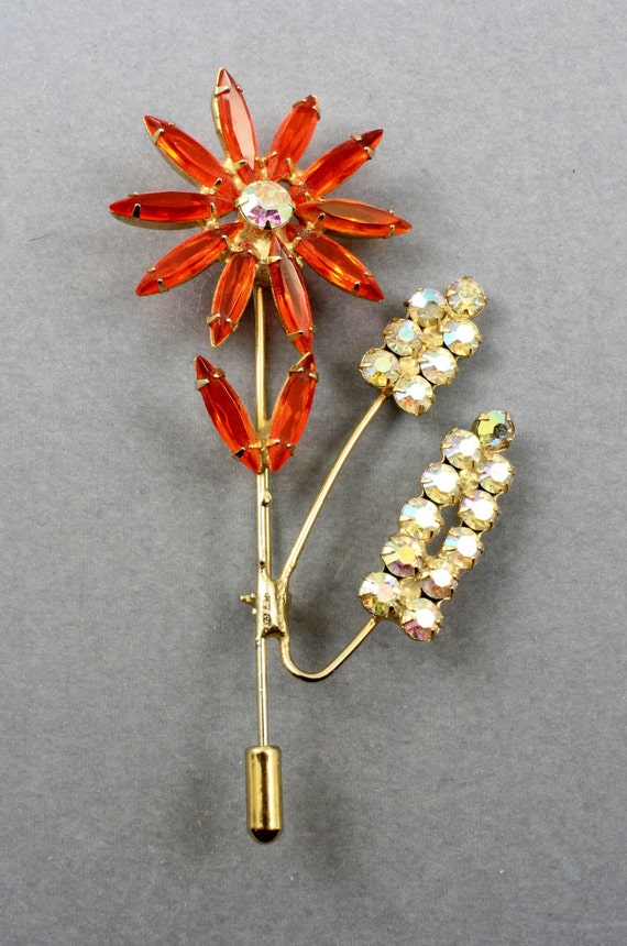 Vintage Rhinestone Flower Brooch Pin, 1950s Costu… - image 1