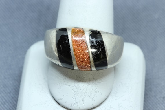 Taxco Mexico Men's Ring-vintage Sterling Silver Inlay Goldstone