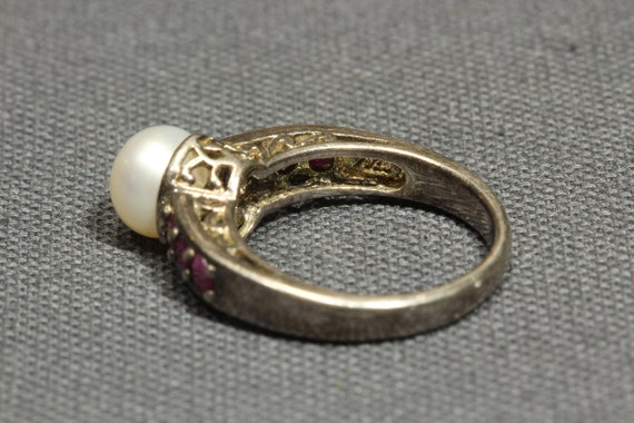 Sterling Silver Pearl Ruby Ring,Signed Designer V… - image 6