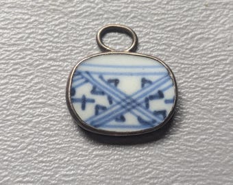 Antique Chinese Porcelain Ming Dynasty Sterling Silver Pendant Blue & White