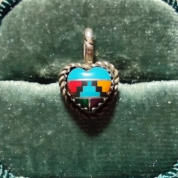 Micro Inlay Sterling Silver Heart Pendant-Southwestern Fine Signed Jewelry-Gifts for Women-925 Inlaid Turquoise Coral Spiny Oyster