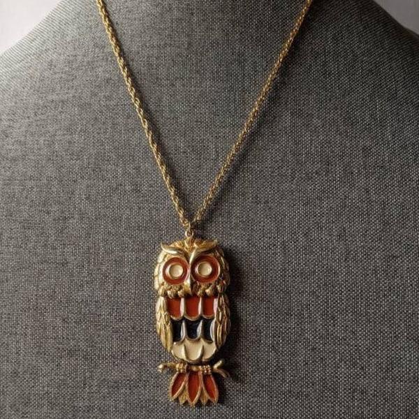 Vintage Grand Hibou Articulé Émail Pendentif Collier