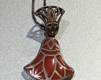 Art Nouveau Coral Sterling Silver Pendant Necklace-Antique Turn of the Century Fine Jewelry