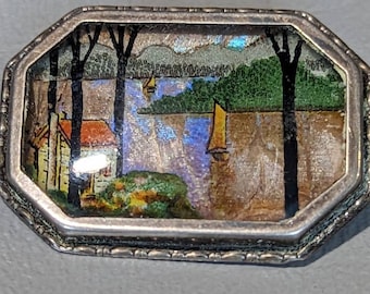 Antique Butterfly Wing Brooch: Reverse Painted Lake Scene, Sterling Silver