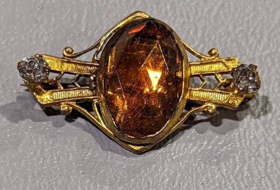 Antique Czech Vauxhall Glass Brooch - Gold Gilt Pin