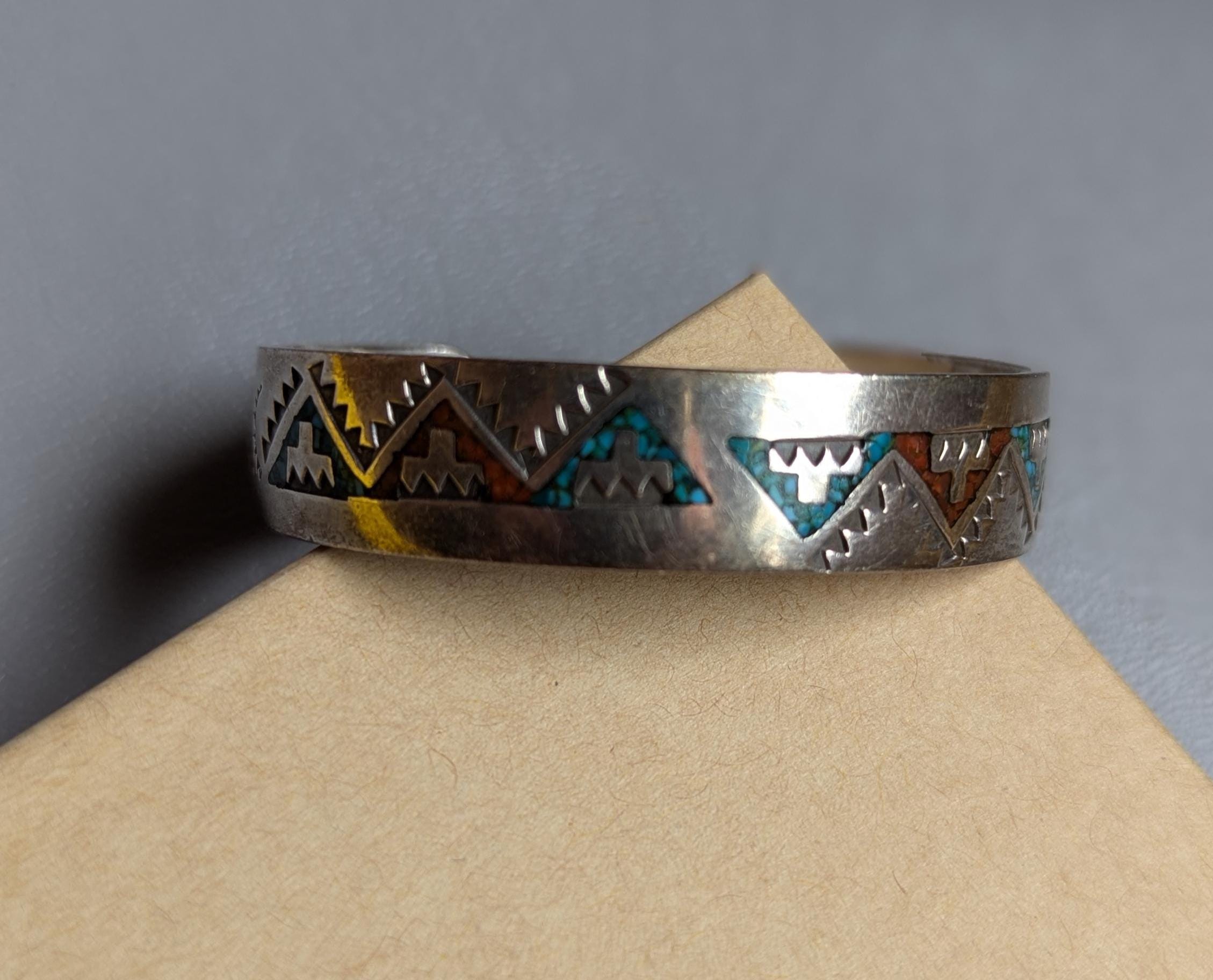 Benny Benally Vintage Sterling Silver Turquoise Coral Chip Cuff