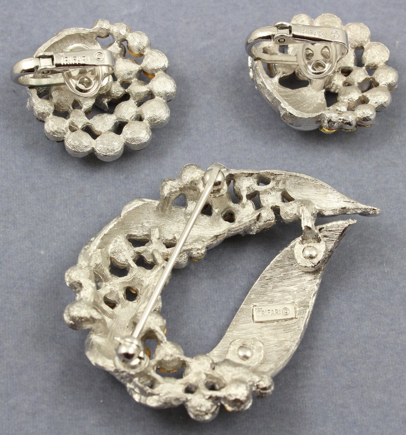 Vintage Crown Trifari Set- Rhinestone Brooch Earrings Demi Parure Signed Trafari image 4