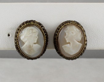 Carved Shell Cameo Gold Gilt Earrings, Vintage Art Deco Jewelry