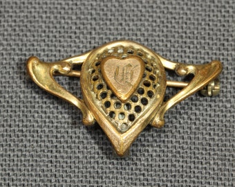 Art Nouveau Gold Filled Heart Pin Holder - Antique Watch Pin