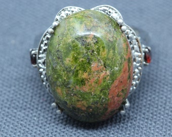 Karis STS Unakite Garnet Ring-Fine Sterling Silver Designer Jewelry-Statement Ring