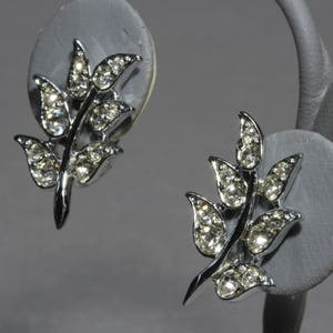 Vintage Sarah Coventry Rhinestone Earrings, Signed Sarah Coventry Silver Leaf Figural Earrings 1960s image 1