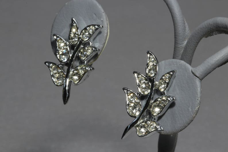 Vintage Sarah Coventry Rhinestone Earrings, Signed Sarah Coventry Silver Leaf Figural Earrings 1960s image 1