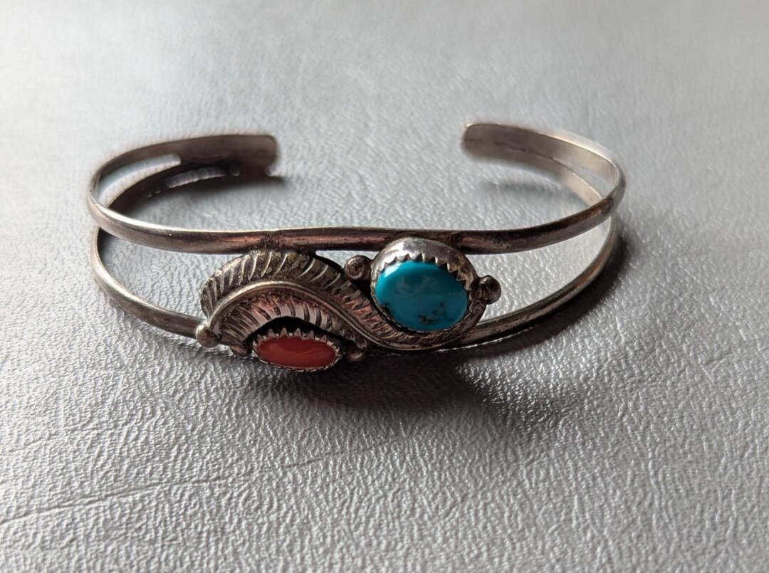 Navajo Turquoise Coral Sterling Silver Cuff Bracelet Vintage - Etsy