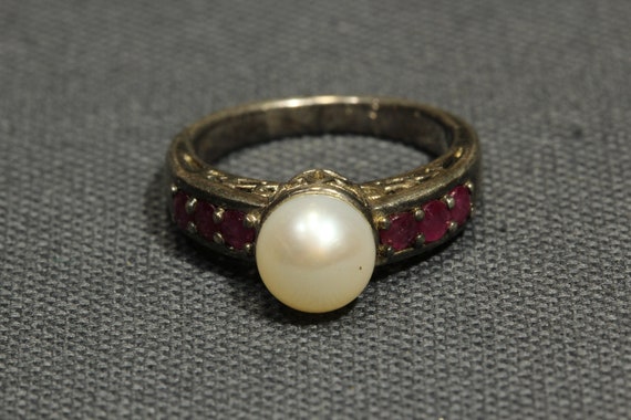 Sterling Silver Pearl Ruby Ring,Signed Designer V… - image 2
