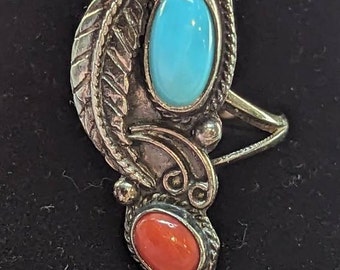 Vintage Navajo-ring van sterlingzilver met turkoois-koraal, maat 5,5