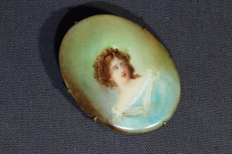 Victorian Hand Painted Porcelain Brooch-Antique Large Portrait Brooch