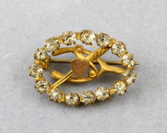 Antique Victorian Gold Filled Paste Glass Stones Pin Brooch Heart-Sword-Wishbone Motifs