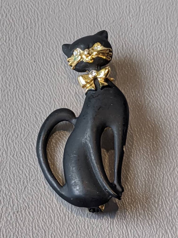 Enamel Black Cat Brooch Pin-Vintage Enamel Rhinsto
