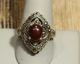 Sterling Silver Carnelian Marcasite Ring, Desinger Signed SPN Jewelry Vintage Ring
