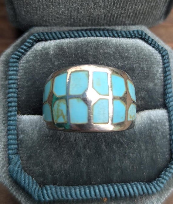 Vintage Sterling Silver Turquoise Inlay Band Ring Signed CFJ