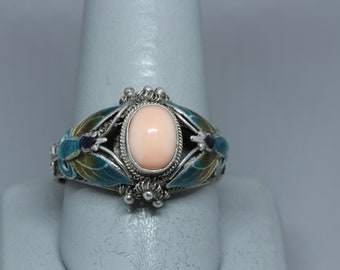 Chinese Coral Cloisonne Ring-Vintage Enamel Butterfly Sterling Silver Size 11 Ring Signed BJ