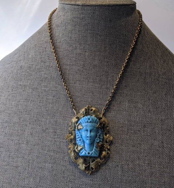 Antique Egyptian Revival Czech Necklace- Molded Gl