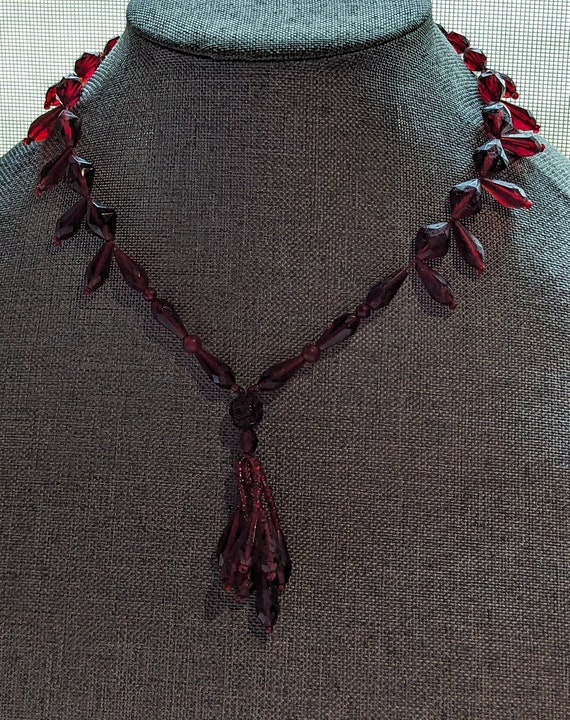 Art Deco Red Glass Bead Tassel Necklace-Antique Fa