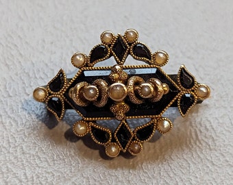 Victorian Gold Filled Mourning Brooch: Black Onyx & Seed Pearl Pin