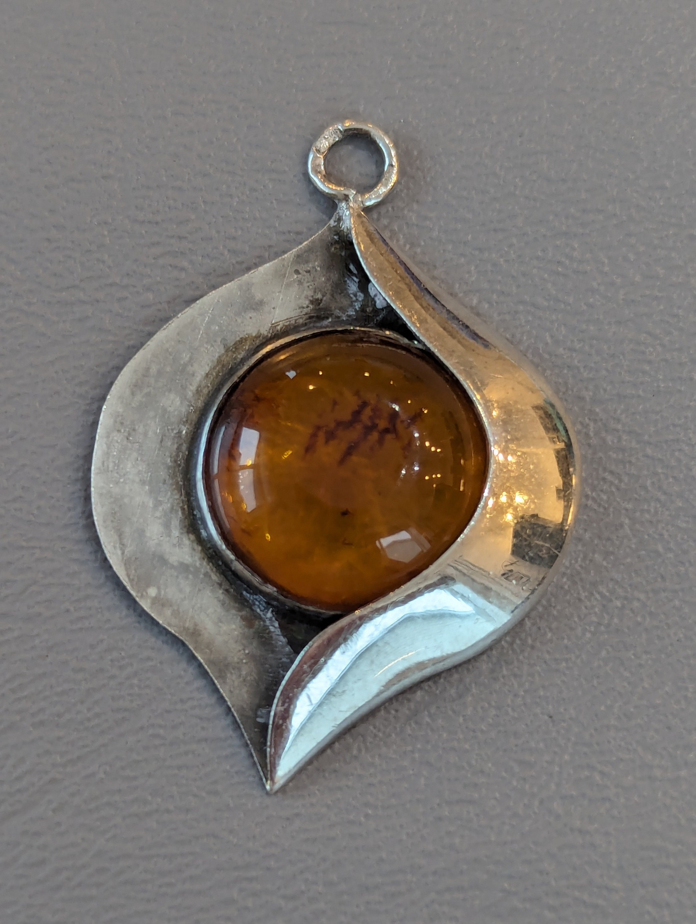 Modernist Amber Sterling Silver Pendant-Vintage 925 Jewelry-Gifts for Women