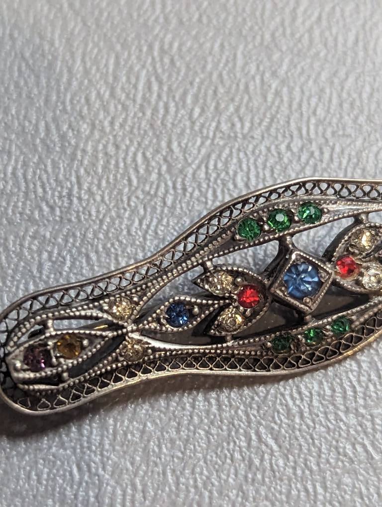 Broche Ancienne En Argent Massif 925 - Pierres De Strass - Vintage Vers 1880