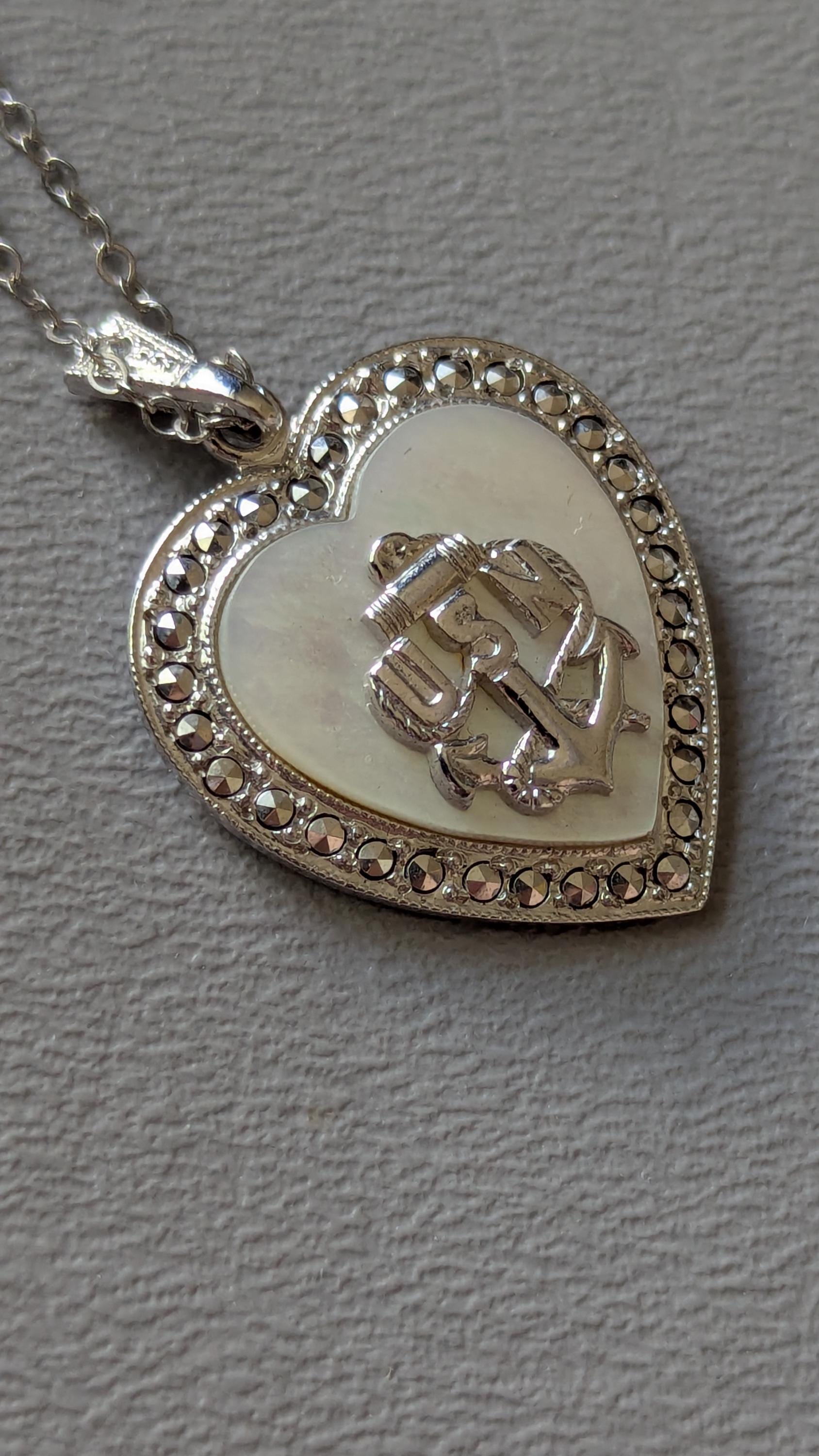 Vintage Sterling Silver Heart Pendant – Marcasite, Mother of Pearl