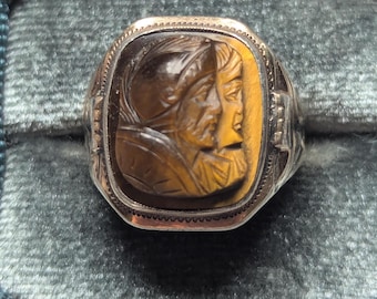Anello antico Ostby Barton Intaglio: argento sterling, occhio di tigre, soldatini Art Déco