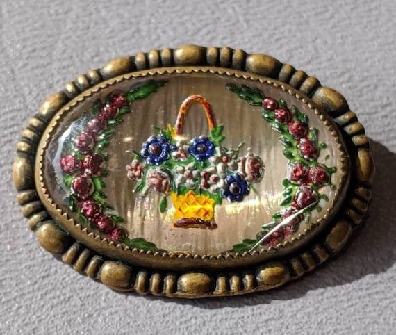 Broche Vintage Ancienne En Verre - Couleurs Rouge Et Rose - Alliage