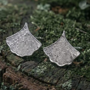 Fine Silver Ginkgo Ear Studs, Tsuchime Textured Leaf Jewelry, Poetic Everyday Nature Silver