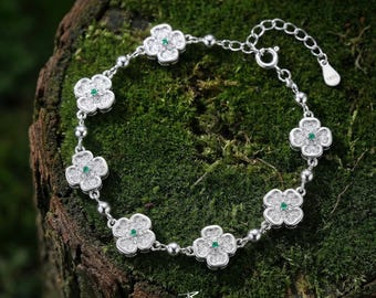 Sterling Silver Clover Bracelet, Tundra Dawn Moss Dewdrop, Nature’s Fortune Jewelry