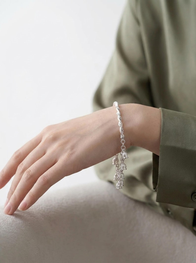 Fine Silver Lily of Valley Bangle, Tassel Pendant, Woodland Inspired Jewelry image 4
