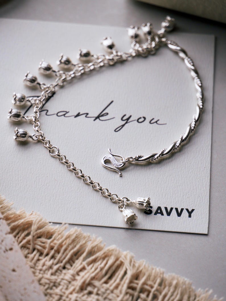 Fine Silver Lily of Valley Bangle, Tassel Pendant, Woodland Inspired Jewelry image 11