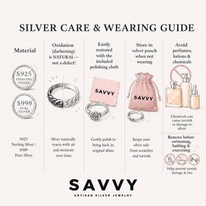 May include: An informational graphic titled SILVER CARE & WEARING GUIDE by SAVVY Artisan Silver Jewelry. It displays 925 sterling and 999 pure silver coins, a ring showing oxidation, a rose ring with a pink cloth, a pink pouch, and perfume bottles.