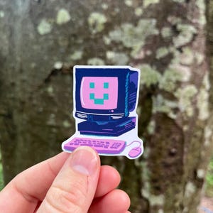Cute Smiling Retro Computer Sticker. Adorable tech nostalgic art. Ideal for laptop, speakers, journal or planner. Cute gift for gamers
