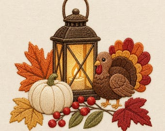 Peut inclure: Une broderie représentant une lanterne marron foncé avec une bougie allumée, une citrouille blanche, une dinde marron à la queue colorée, des baies rouges sur une branche et des feuilles d'automne orange, jaunes et rouge foncé sur un tissu crème.